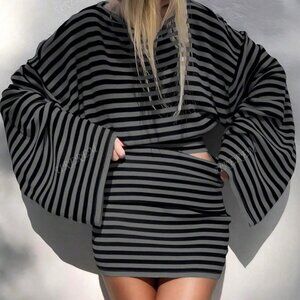 Ribbed Knit Fabric Striped Flare Sleeve Top and Mini Skirt 2 Piece Set
